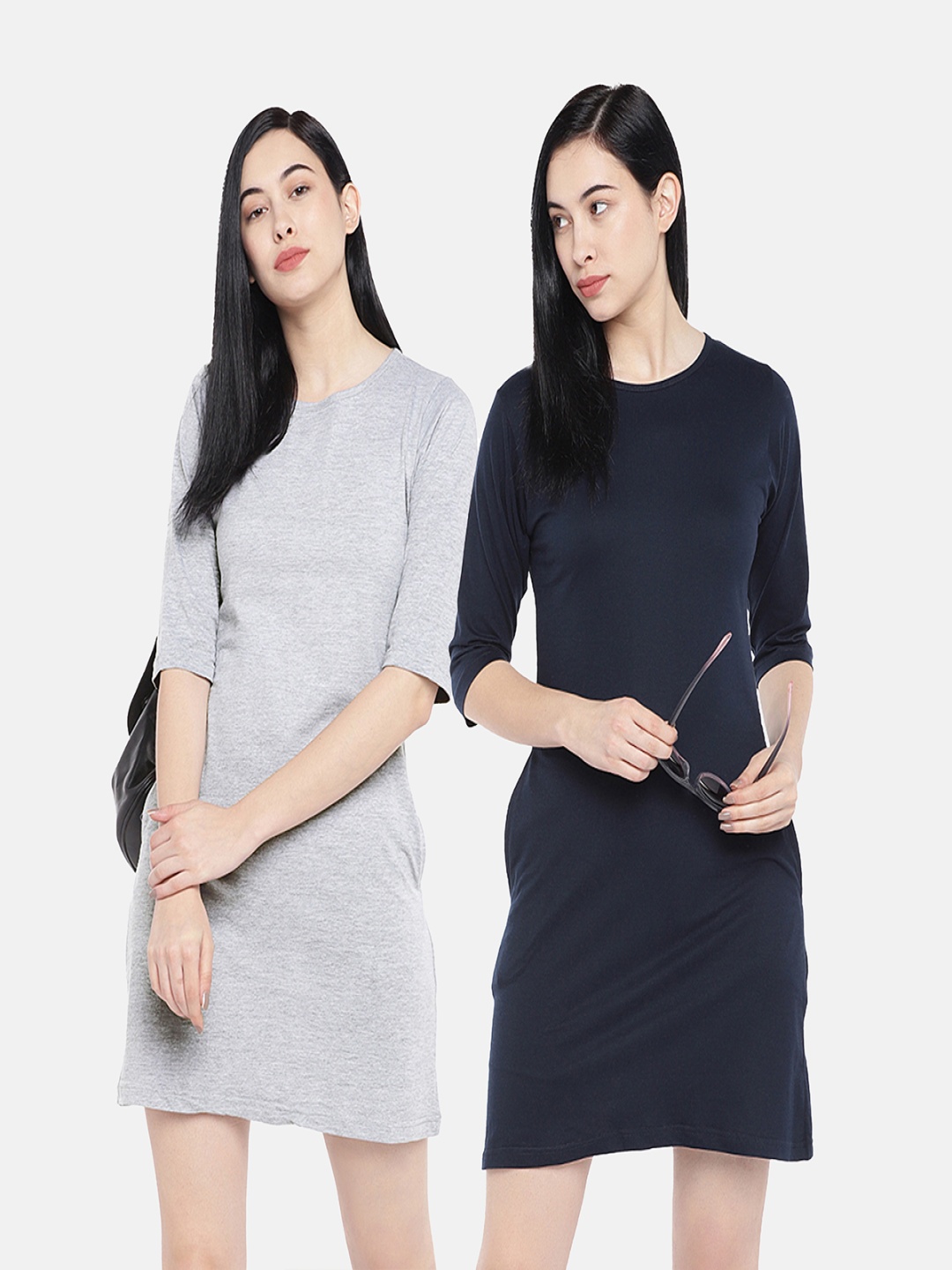 

STATUS MANTRA Pack of 2 Round Neck Pure Cotton T-shirt Dresses, Grey