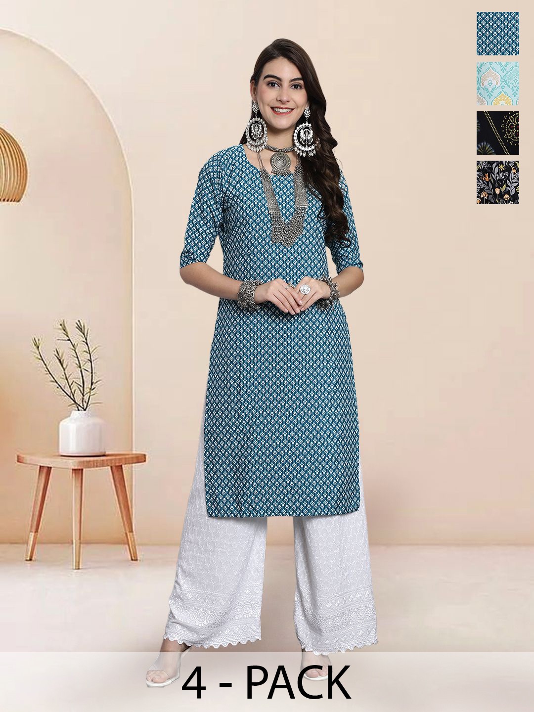 

7Threads Selection of 4 Floral Printed Round Neck Straight Kurtas, Blue