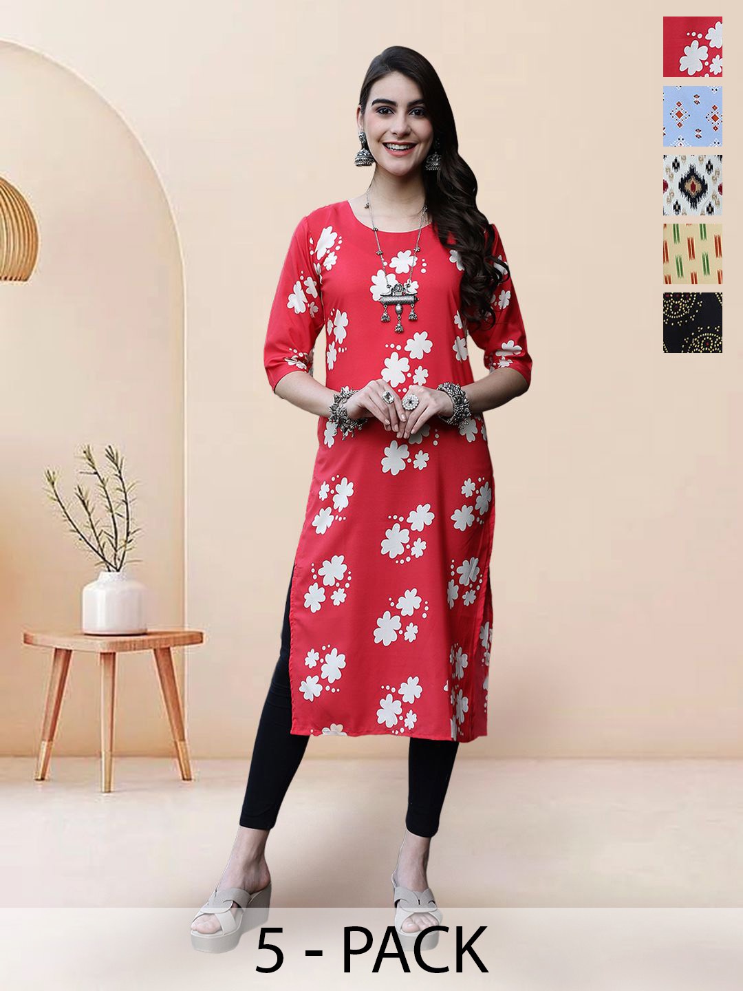 

7Threads Selection Of 5 Floral Printed Straight Kurtas, Red