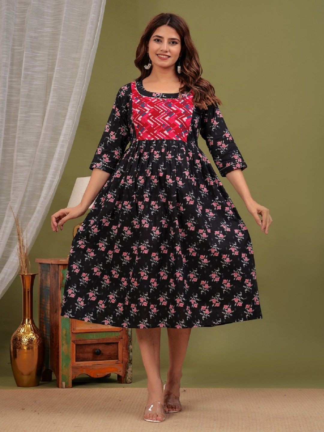 

Nevisha Style Floral Printed Thread Work Cotton Maternity Anarkali Ethnic Dresses, Black