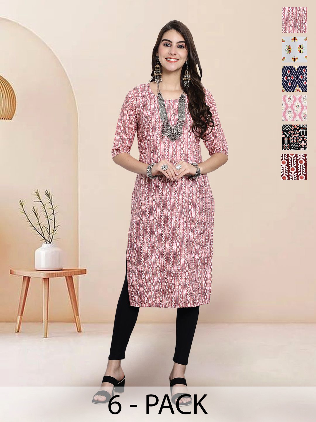 

7Threads Selection of 6 Geometric Printed Round Neck Straight Kurtas, Red