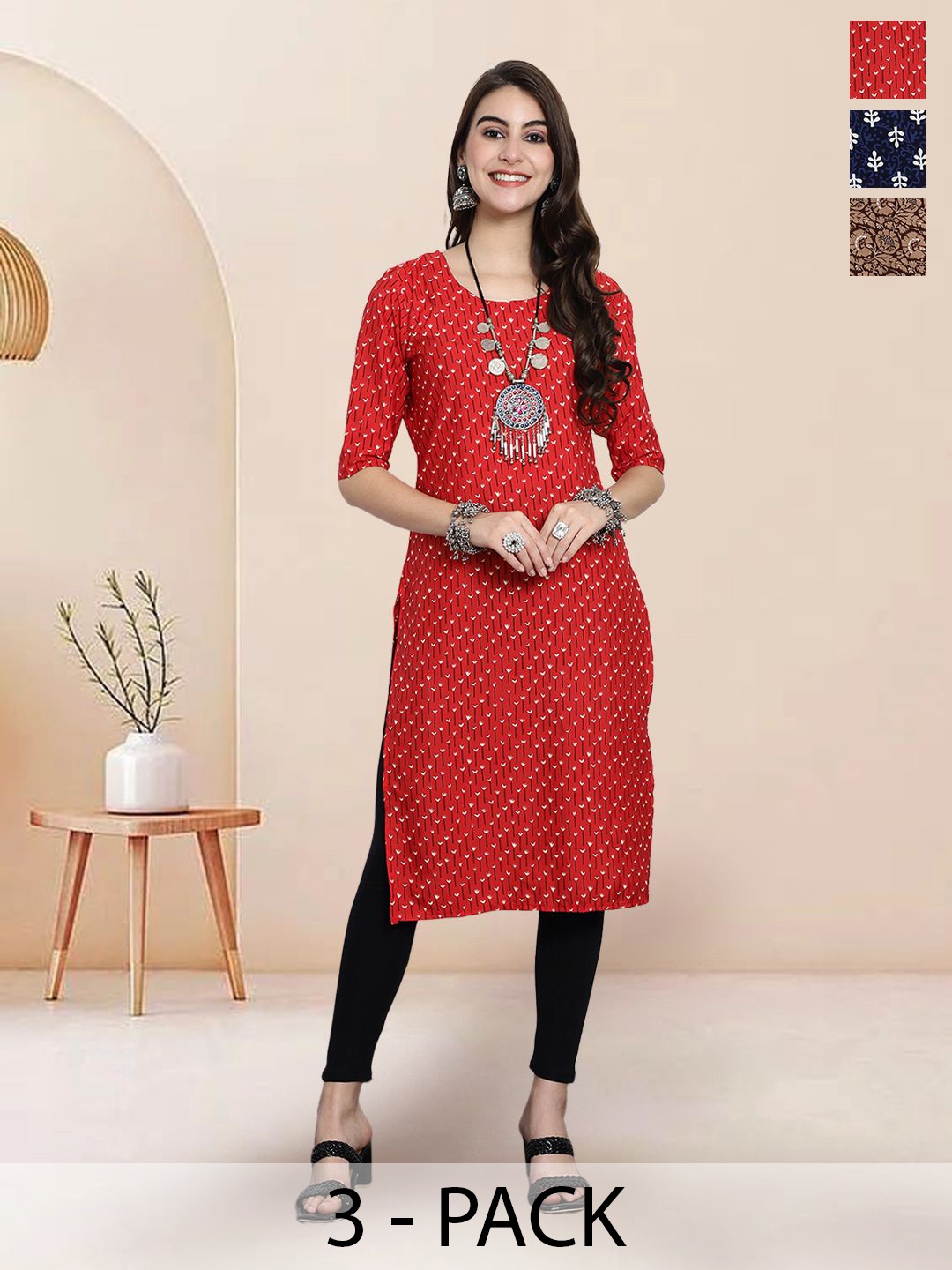 

7Threads Selection Of 4 Floral Printed Straight Kurtas, Red