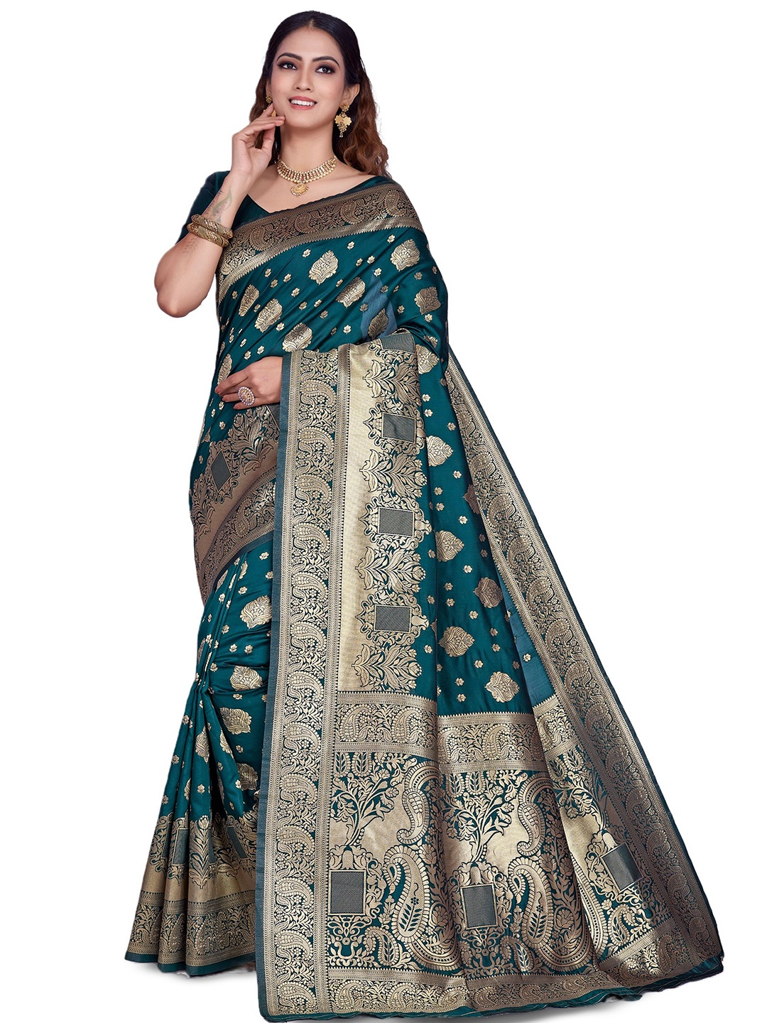 

Melok Woven Design Zari Art Silk Banarasi Saree, Green