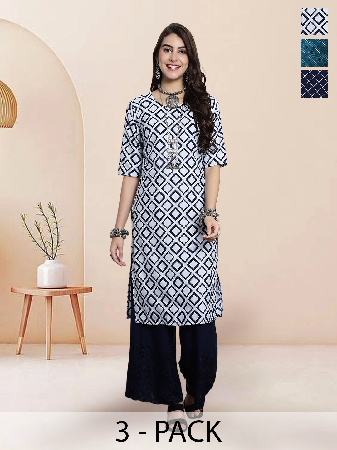 

7Threads Selection Of 3 Geometric Printed Round Neck Kurtas, Black