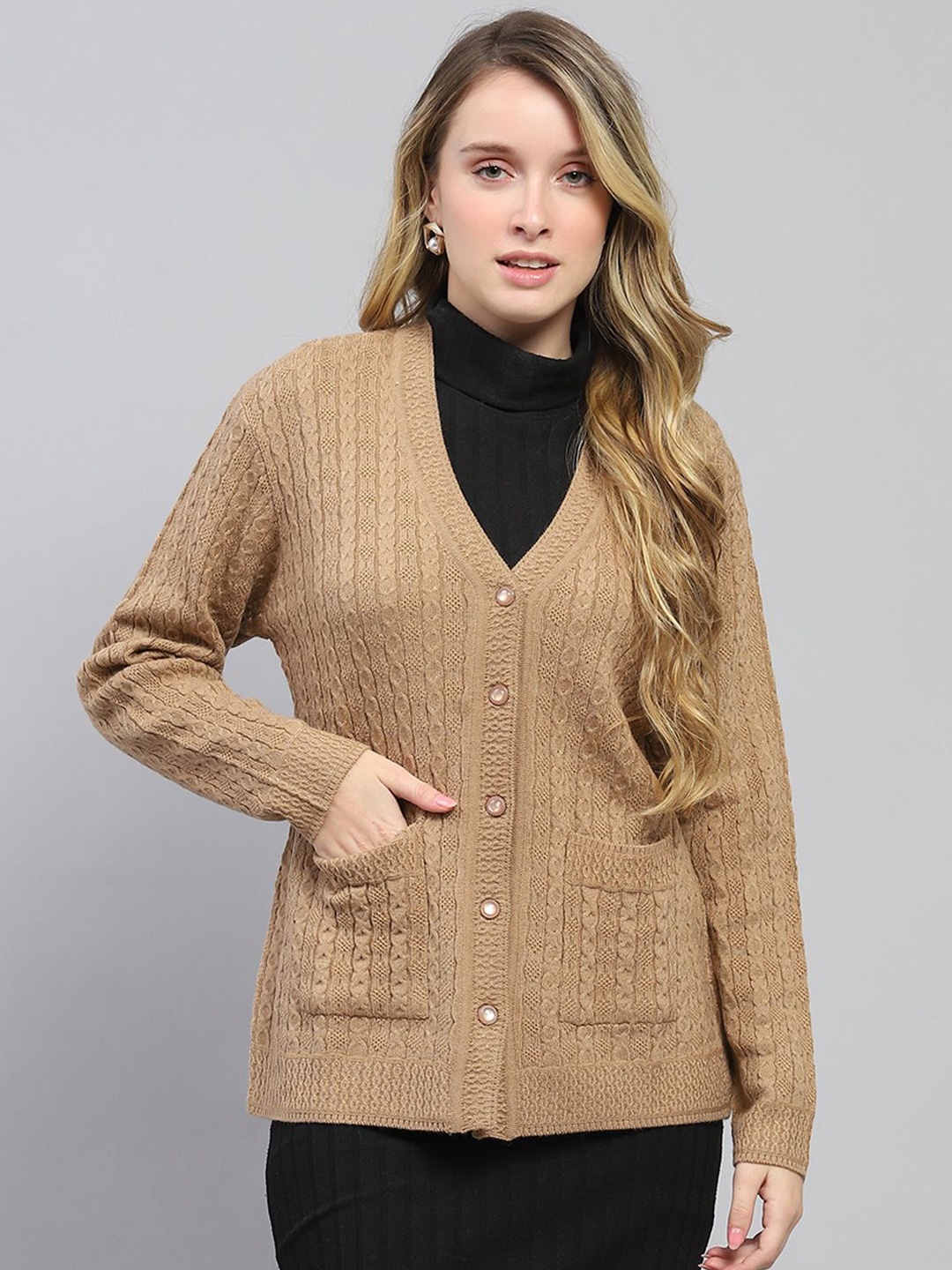 

Monte Carlo Women Cable Knit Woollen Cardigan, Khaki