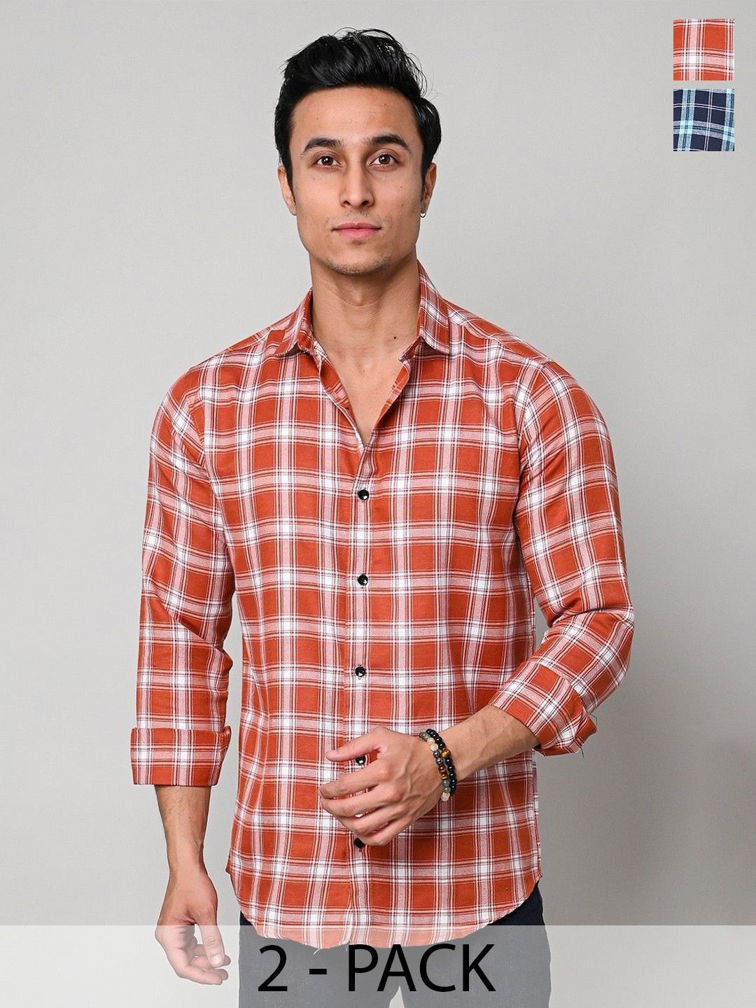 

Tanip Men Pack Of 2 Spread Collar Tartan Checked Cotton Casual Shirts, Orange