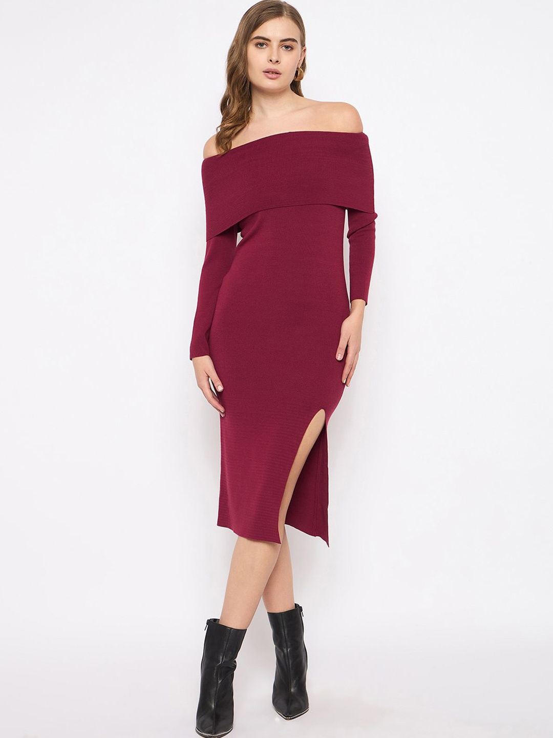 

Madame Off-Shoulder Sheath Dress, Maroon