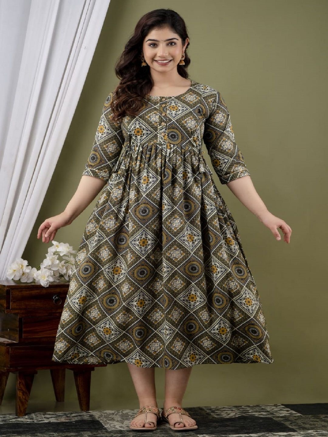 

Nevisha Style Floral Printed Round Neck Maternity Cotton Fit and Flare Dress, Olive