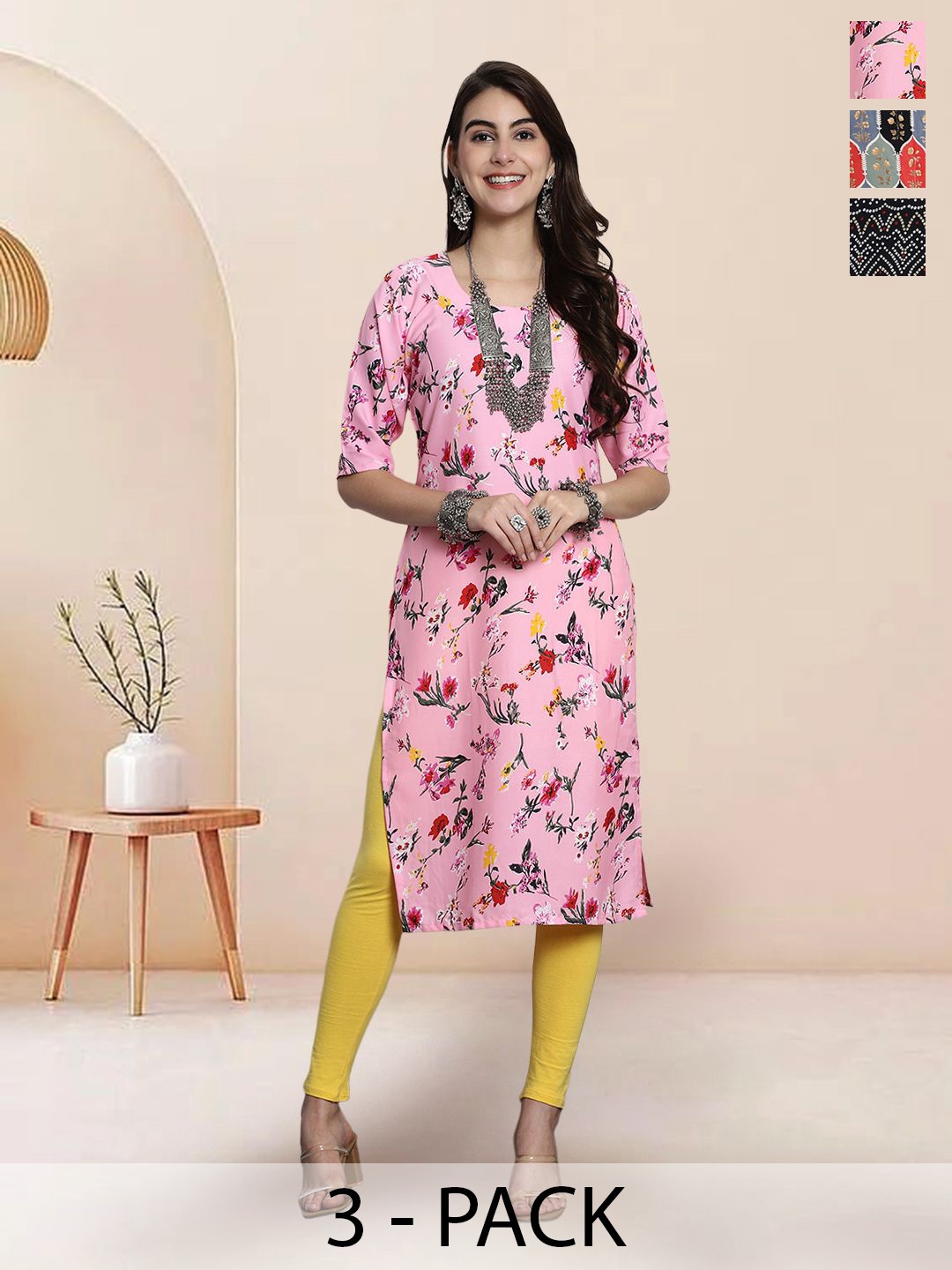 

7Threads Selection Of 3 Floral Printed Round Neck Straight Kurtas, Pink