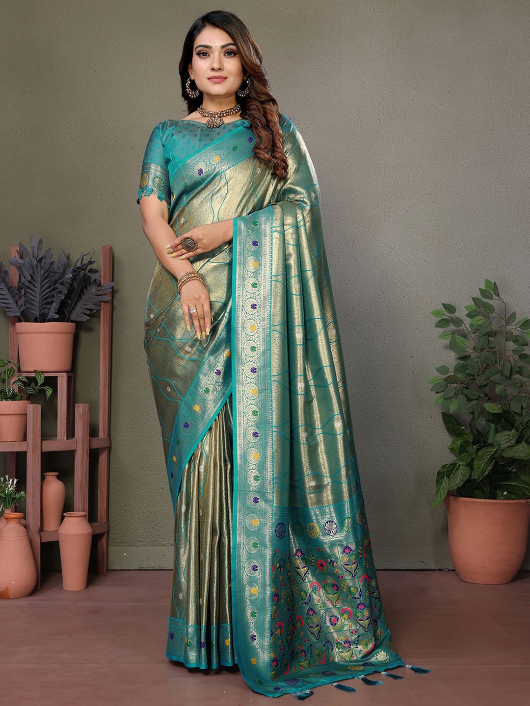 

Mitera Woven Design Zari Silk Blend Banarasi Saree, Blue