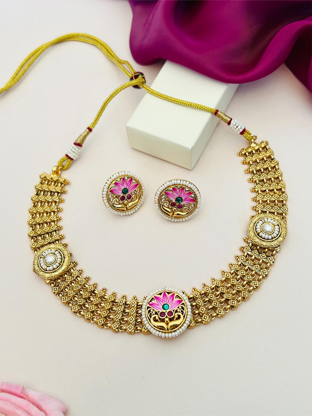 

ABDESIGNS Gold-Plated Stone Studded & Beaded Meenakari Necklace and Earrings