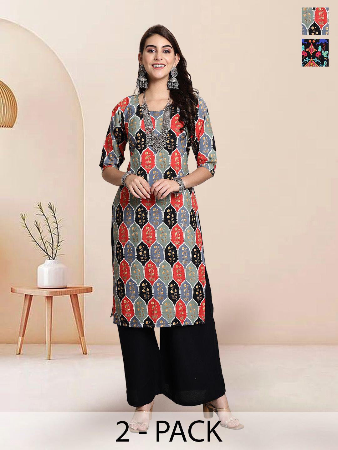 

7Threads Selection Of 2 Ethnic Motifs Printed Round Neck Straight Kurtas, Grey