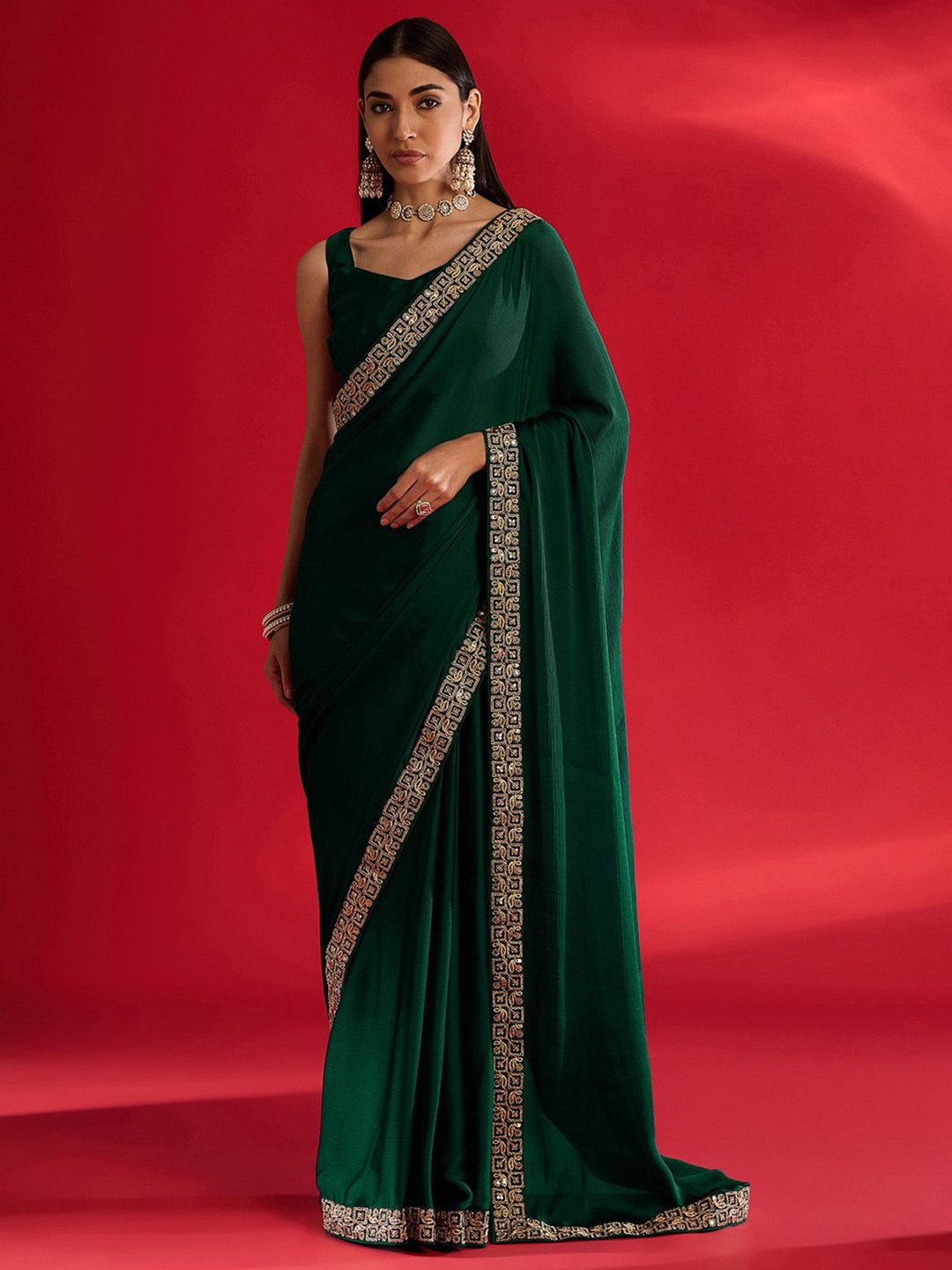 

Mitera Embroidered Satin Saree, Green