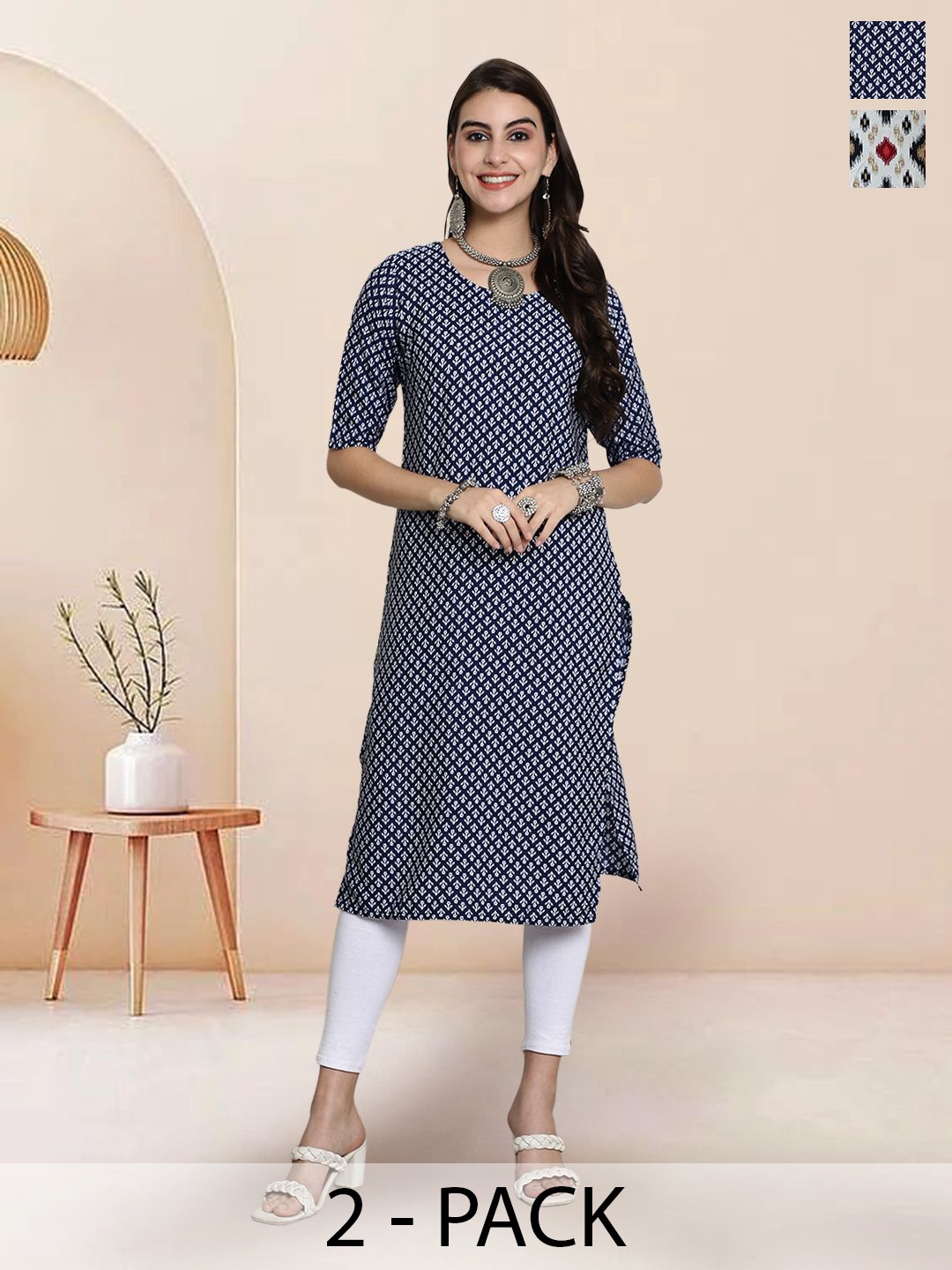 

7Threads Selection Of 2 Floral Printed Round Neck Straight Kurtas, Navy blue
