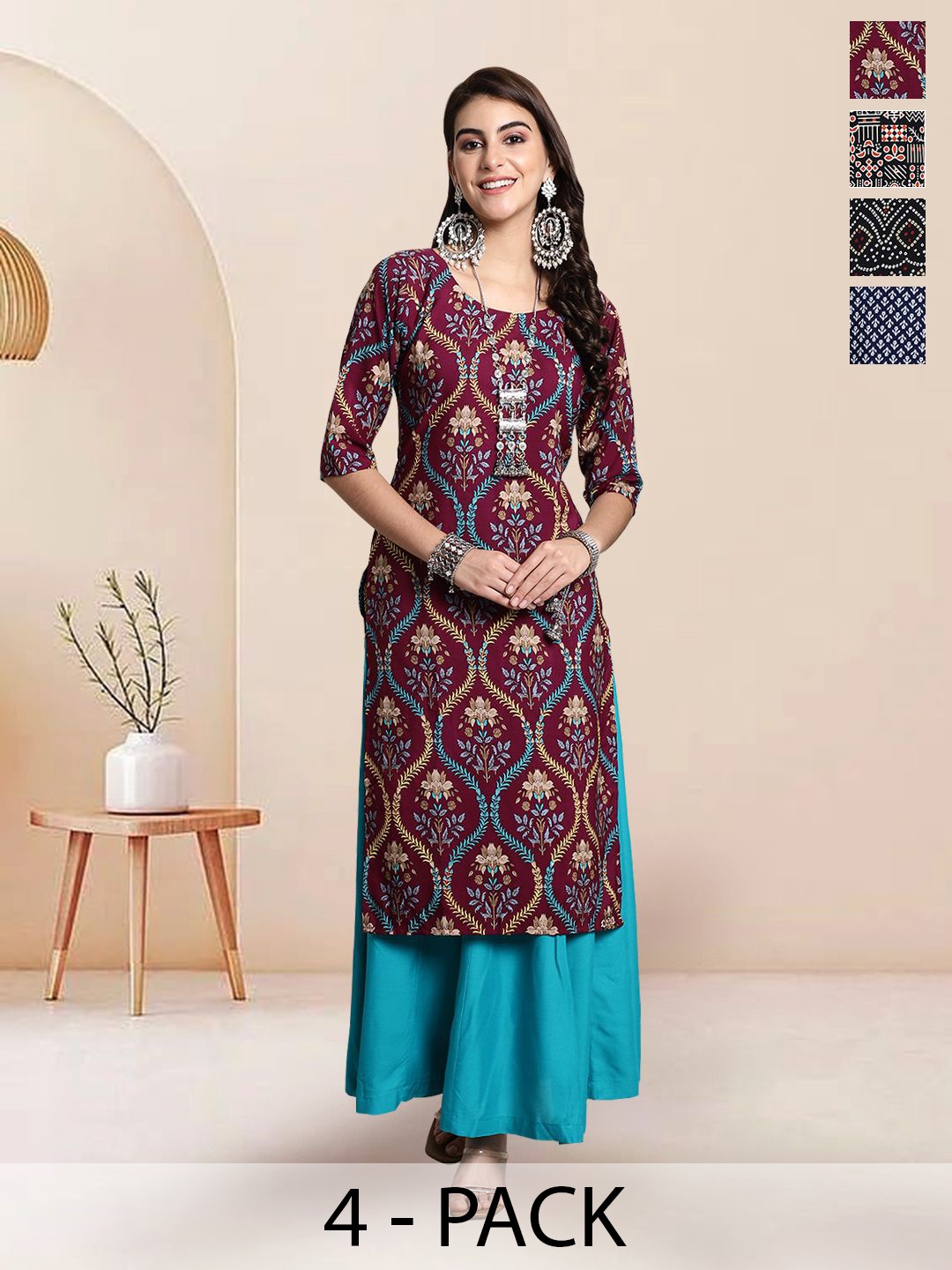 

7Threads Selection Of 4 Floral Printed Round Neck Straight Kurtas, Maroon