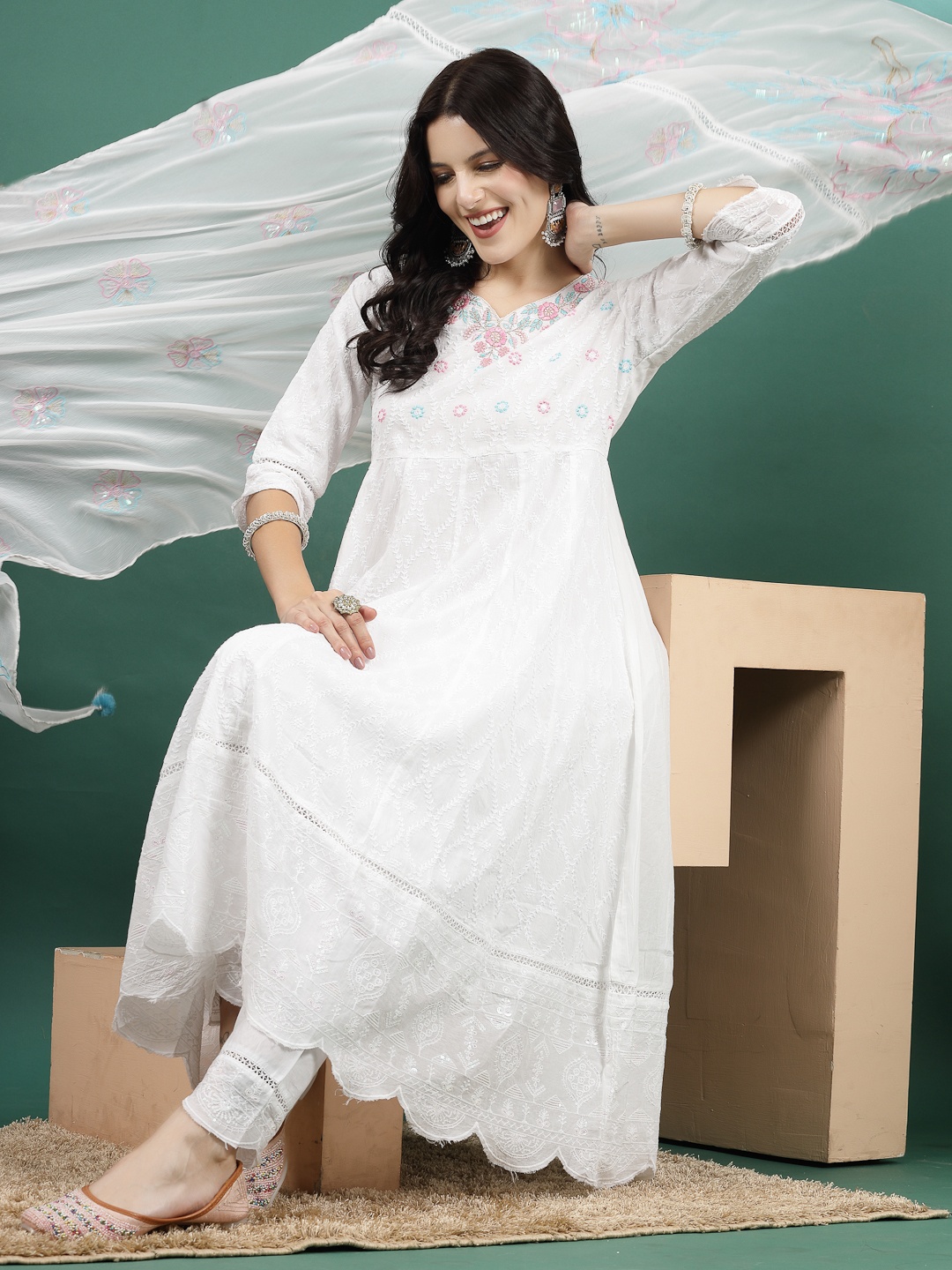 

Sangria White Floral Embroidered Pure Cotton Anarkali Kurta With Trouser & Dupatta