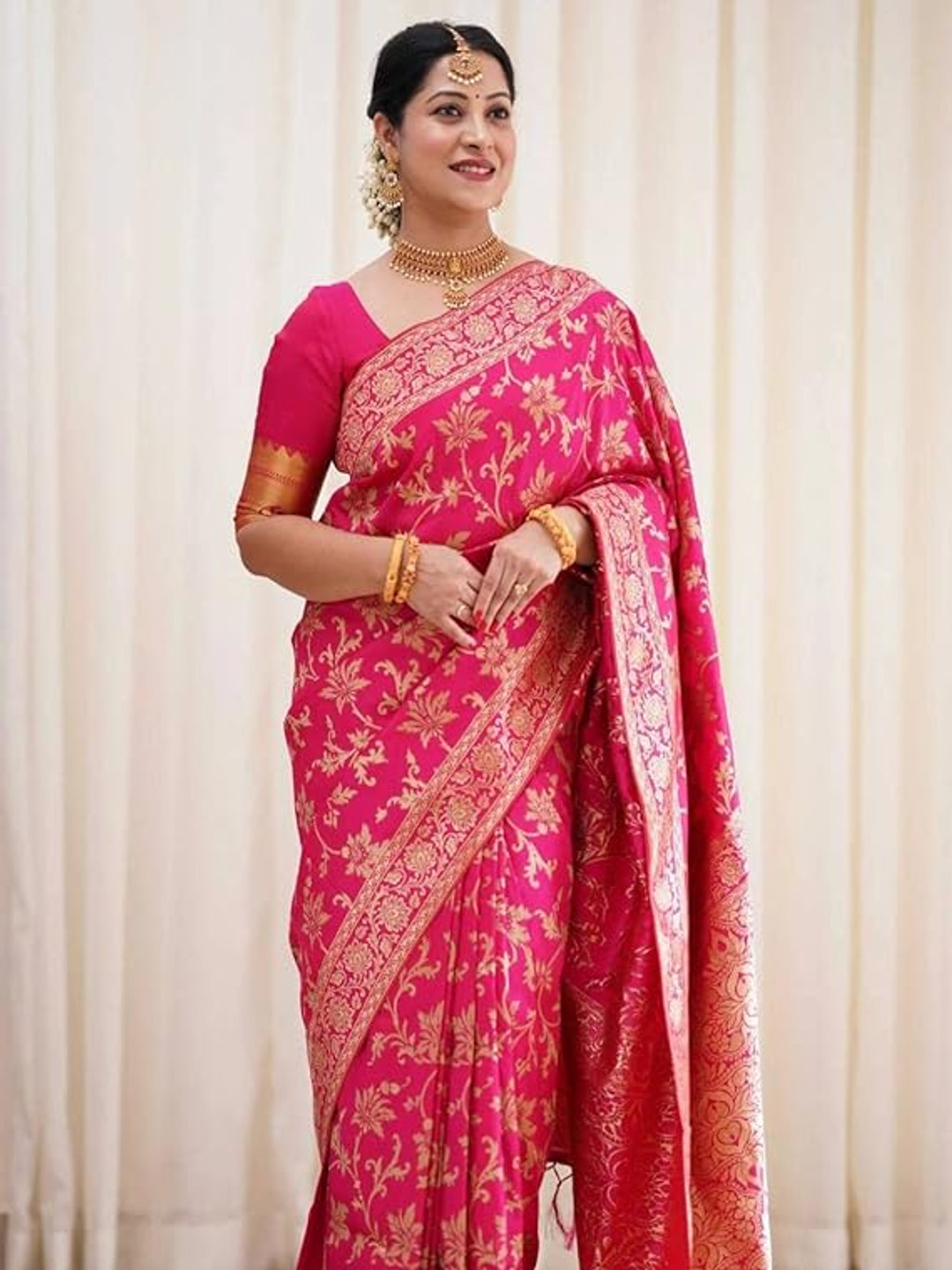 

KALINI Ethnic Motifs Woven Design Zari Silk Cotton Kanjeevaram Saree, Pink