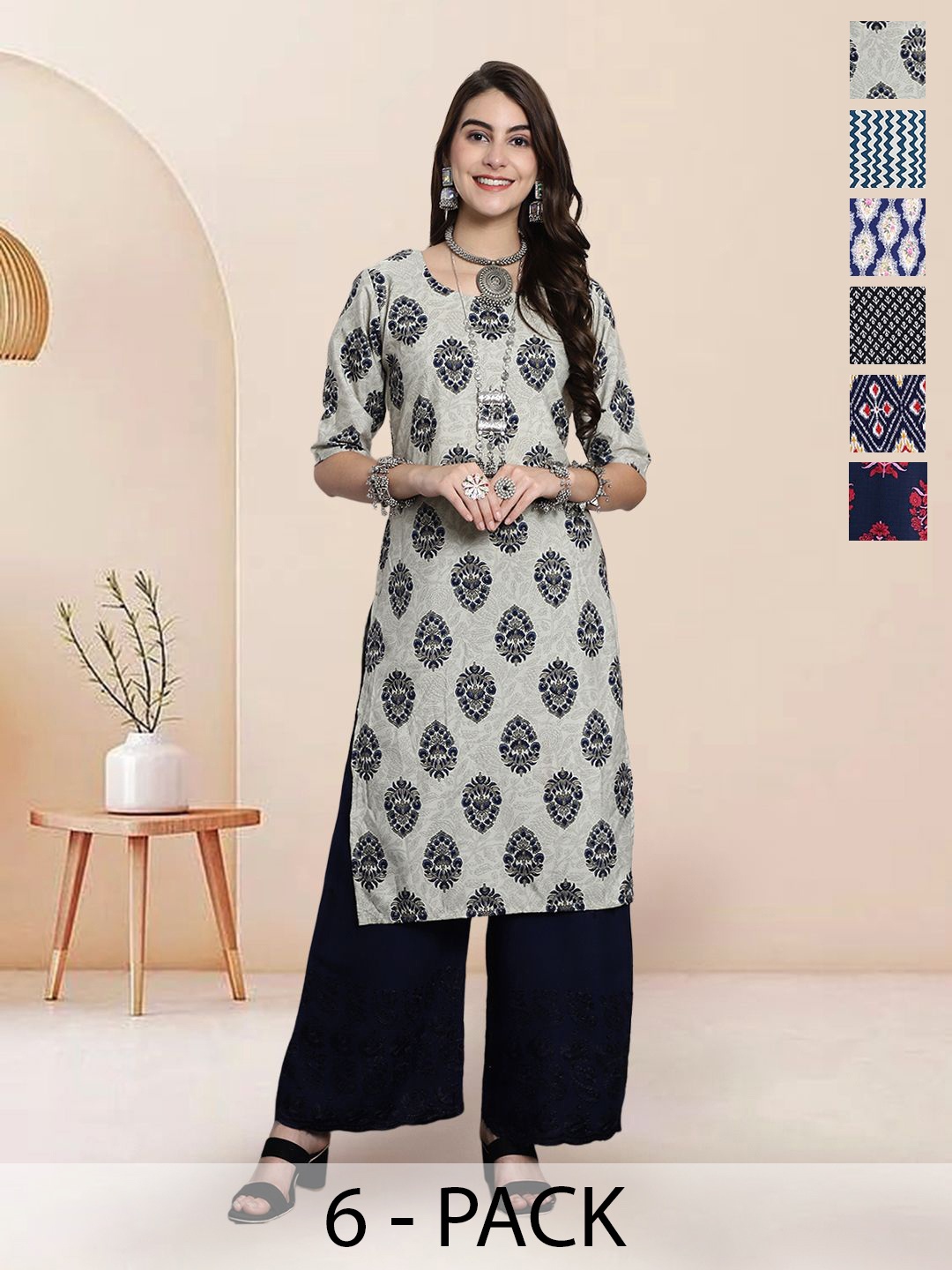 

7Threads Selection Of 6 Ethnic Motifs Printed Round Neck Straight Kurtas, Grey