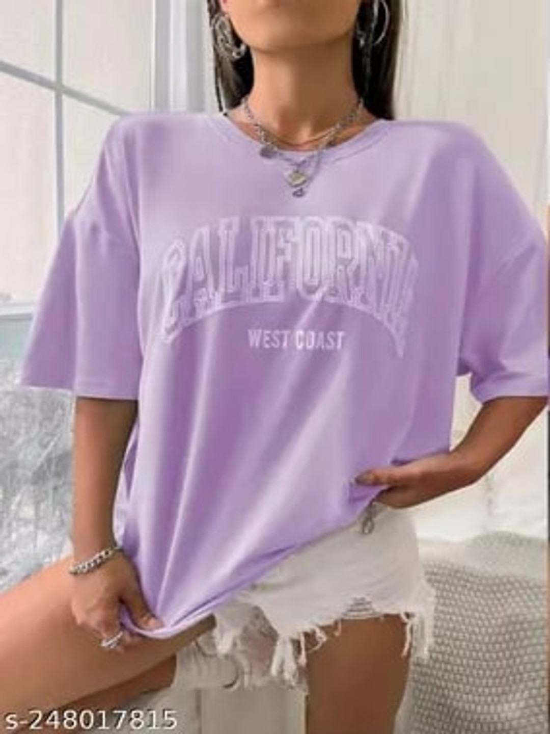 

GLITO Typography Printed Round Neck Drop-Shoulder Sleeves Oversized T-shirt, Purple