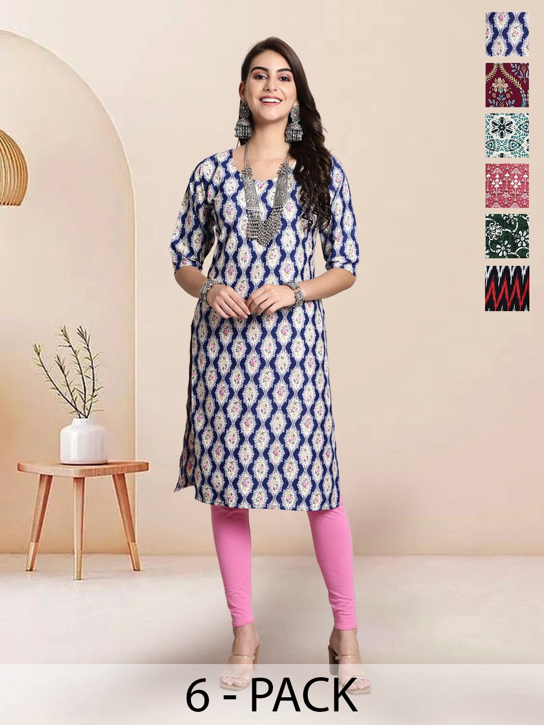 

7Threads Selection Of 6 Ethnic Motifs Printed Round Neck Straight Kurtas, Blue