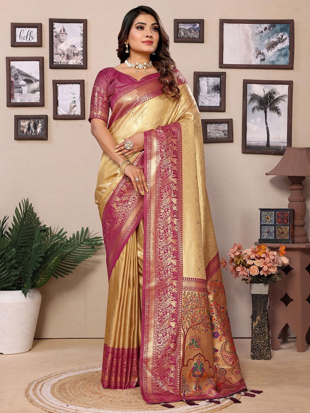 

Mitera Woven Design Zari Silk Blend Designer Banarasi Saree, Beige