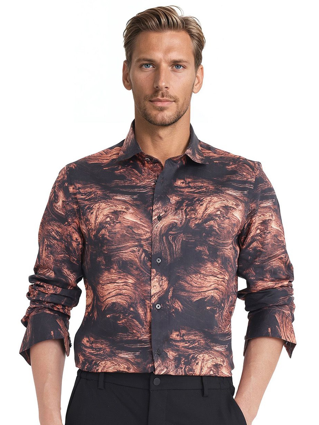 

RARE RABBIT Men Comfort Relaxed Fit Spread Collar Abstract Printed Cotton Formal Shirt, Black