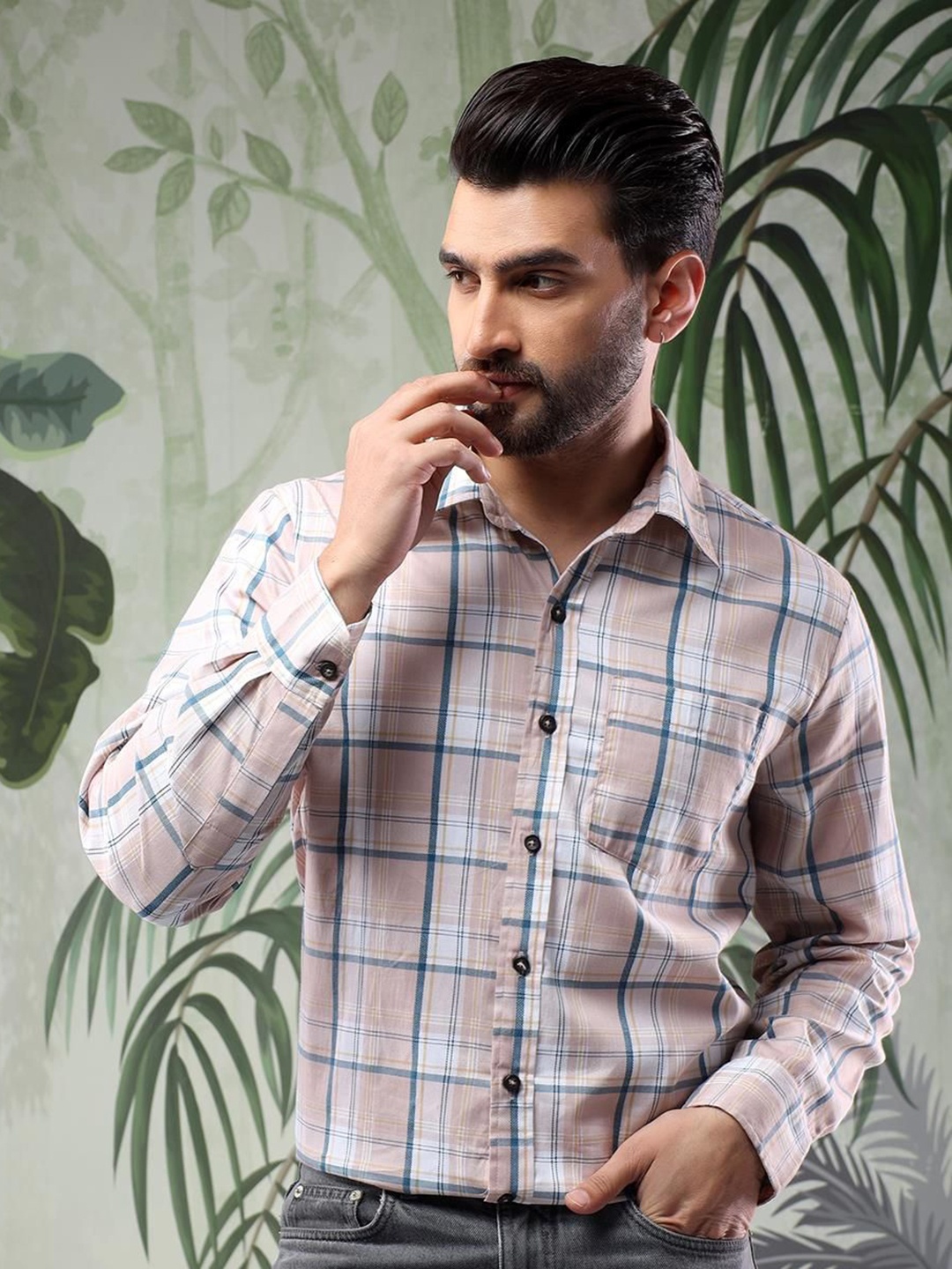 

Kotty Men Spread Collar Tartan Checked Casual Shirt, White