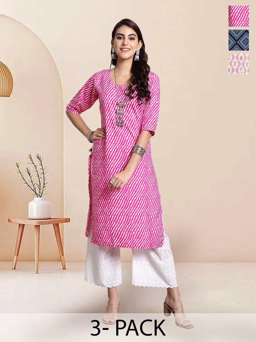 

7Threads Selection Of 4 Leheriya Printed Round Neck Straight Kurtas, Pink