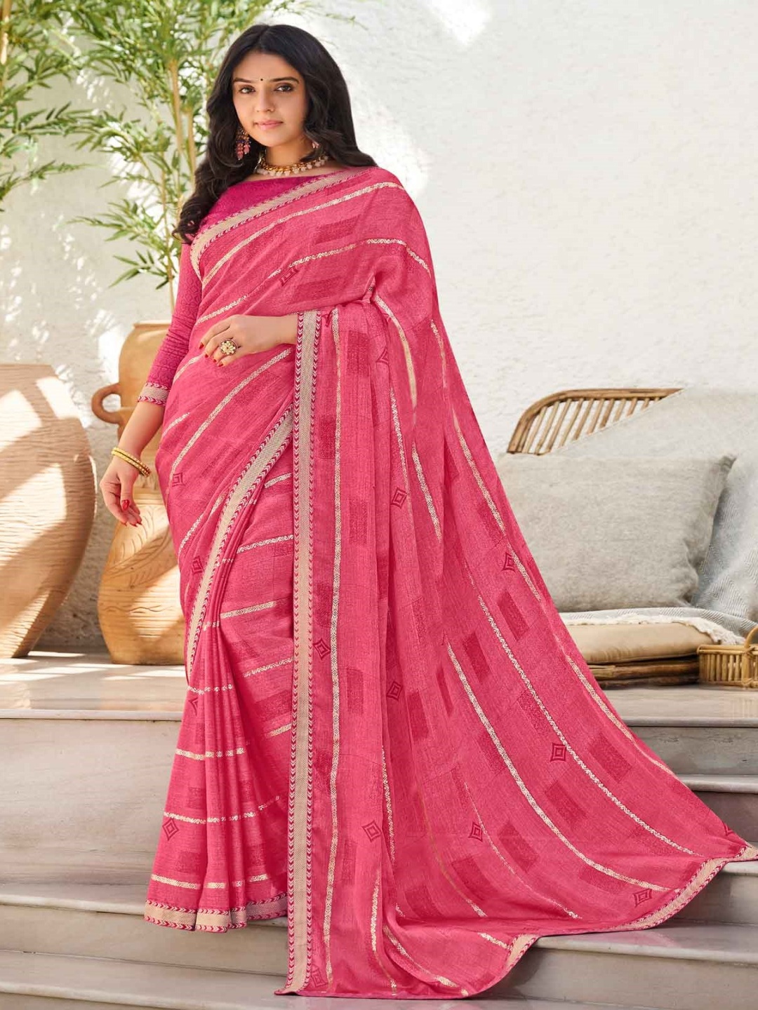 

Laxmipati Striped Embroidered Satin Saree, Rose