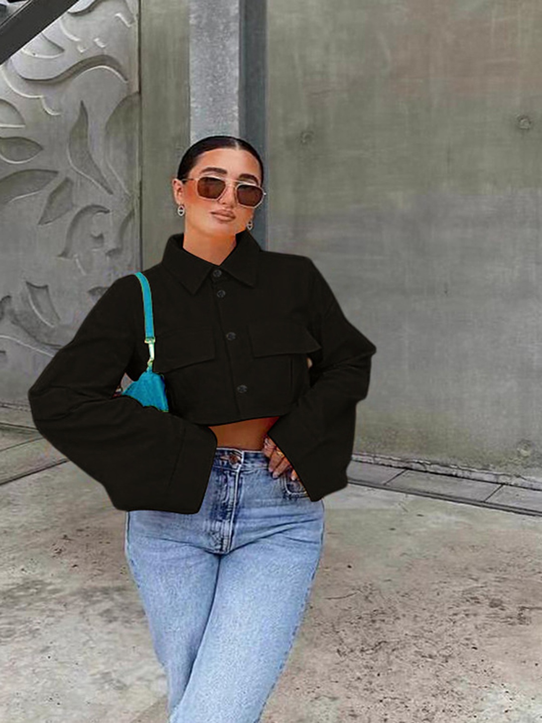 

LULU & SKY Shirt Collar Cuffed Sleeves Shirt Style Crop Top, Black