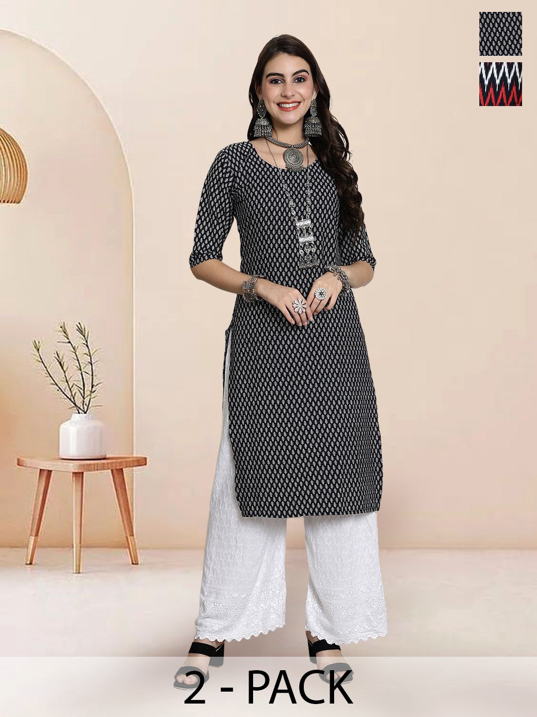 

7Threads Selection Of 2 Floral Printed Round Neck Straight Kurtas, Black