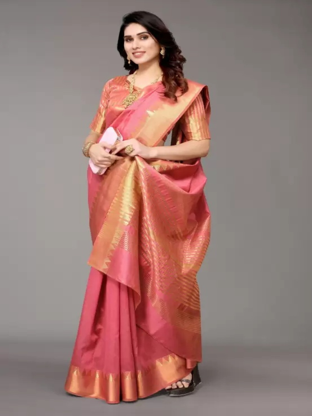 

THE WOMEN DECOR Zari Maheshwari Saree, Pink