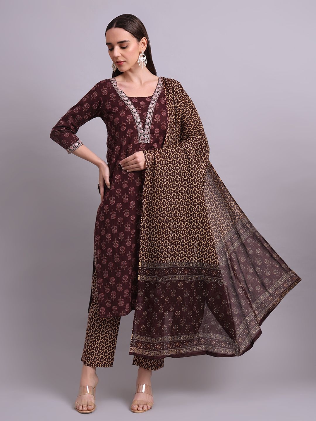 

aayusika Floral Printed Thread Work Pure Cotton Straight Kurta With Trousers & Dupatta, Brown