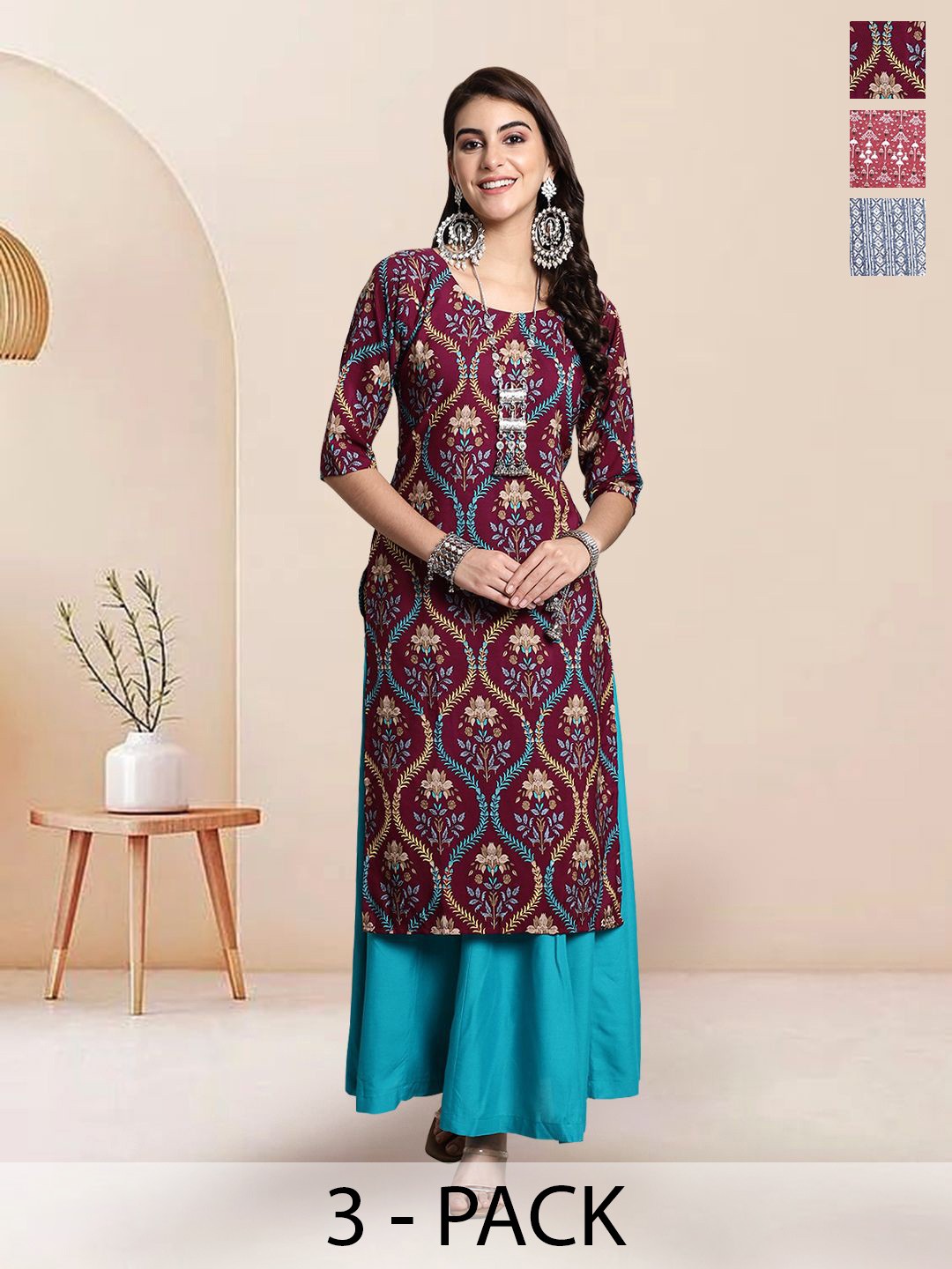 

7Threads Selection Of 3 Floral Printed Round Neck Straight Kurtas, Maroon