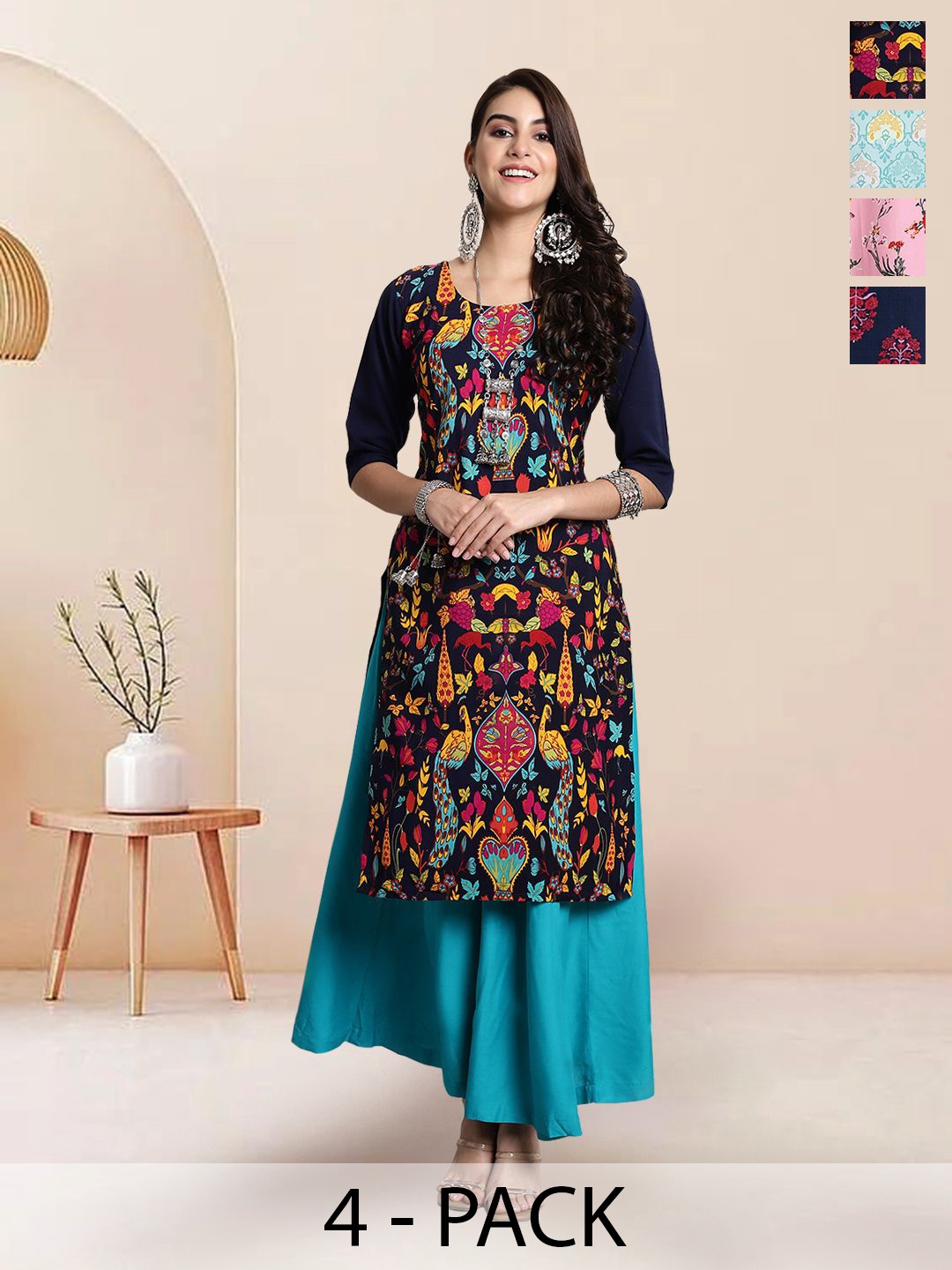

7Threads Selection Of 5 Floral Printed Round Neck Straight Kurtas, Black