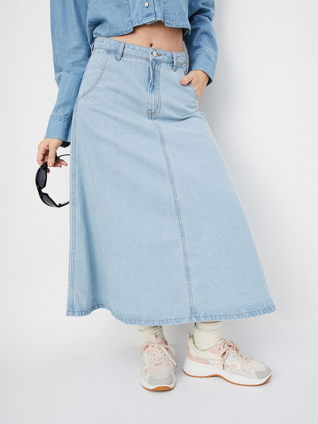 

max Cotton A-Line Midi Skirt, Blue