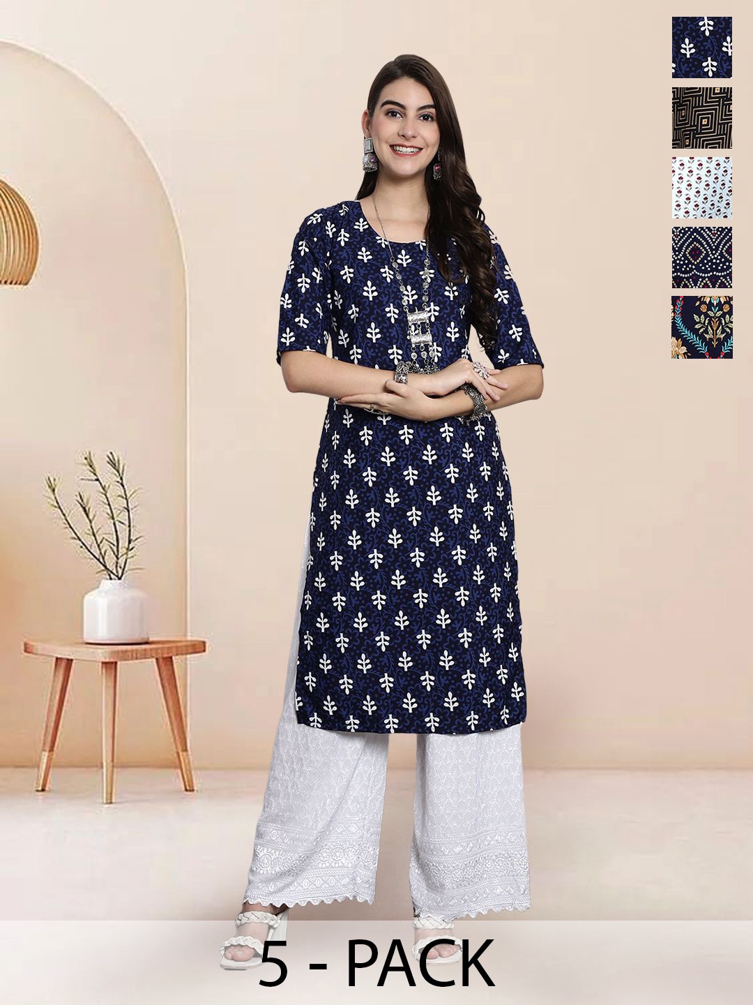 

7Threads Selection Of 5 Floral Printed Round Neck Straight Kurtas, Blue