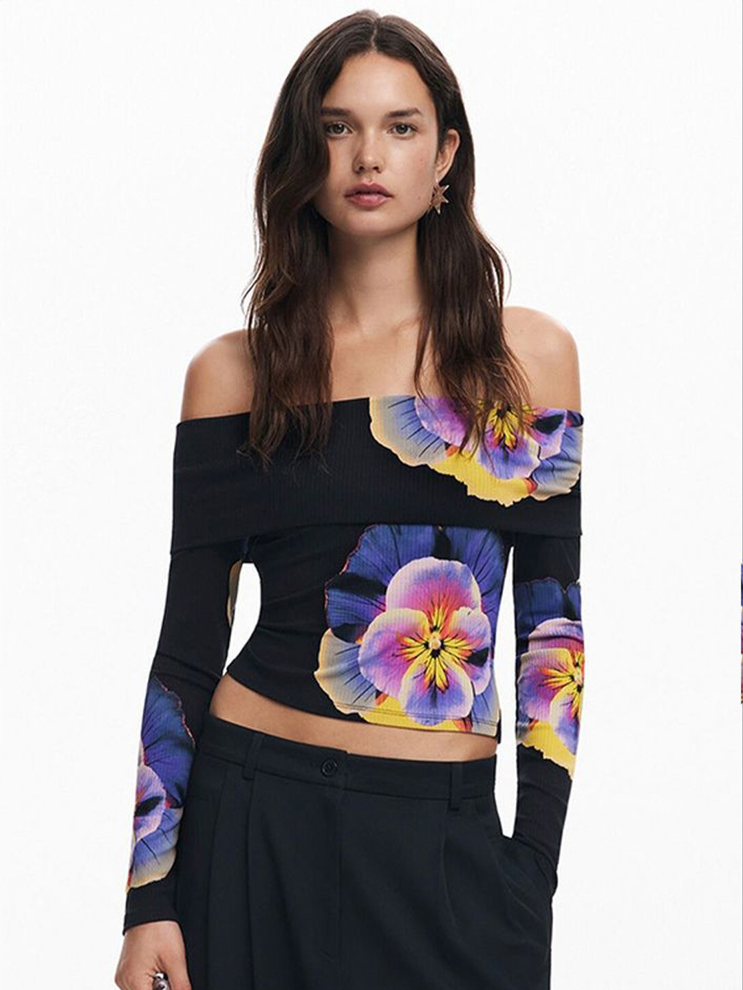 

LULU & SKY Floral Print Off-Shoulder Bardot Crop Top, Black