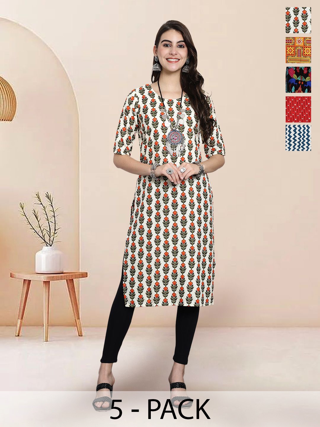 

7Threads Selection Of 5 Floral Printed Round Neck Straight Kurtas, White