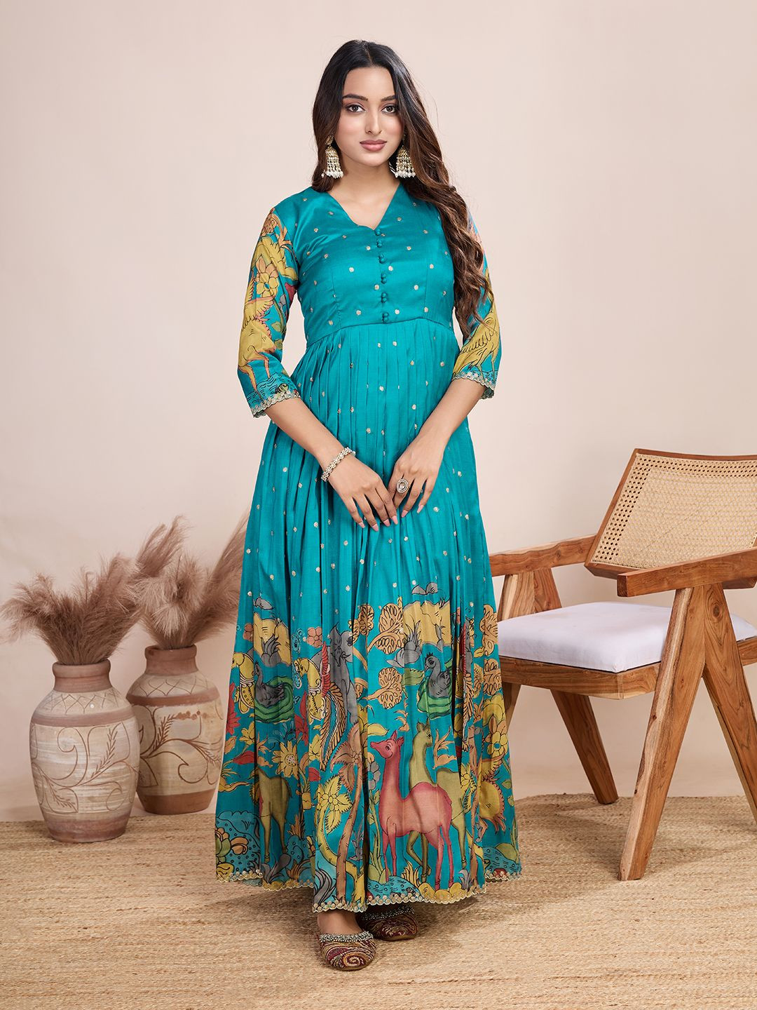 

Tasarika Printed V-Neck Maxi Ethnic Dress, Teal