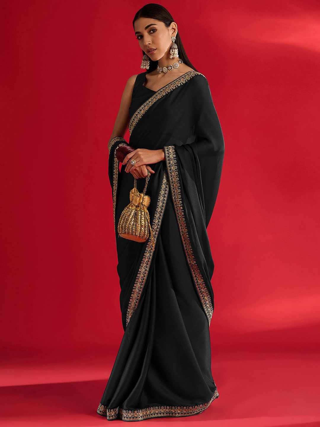 

Mitera Embroidered Satin Saree, Black