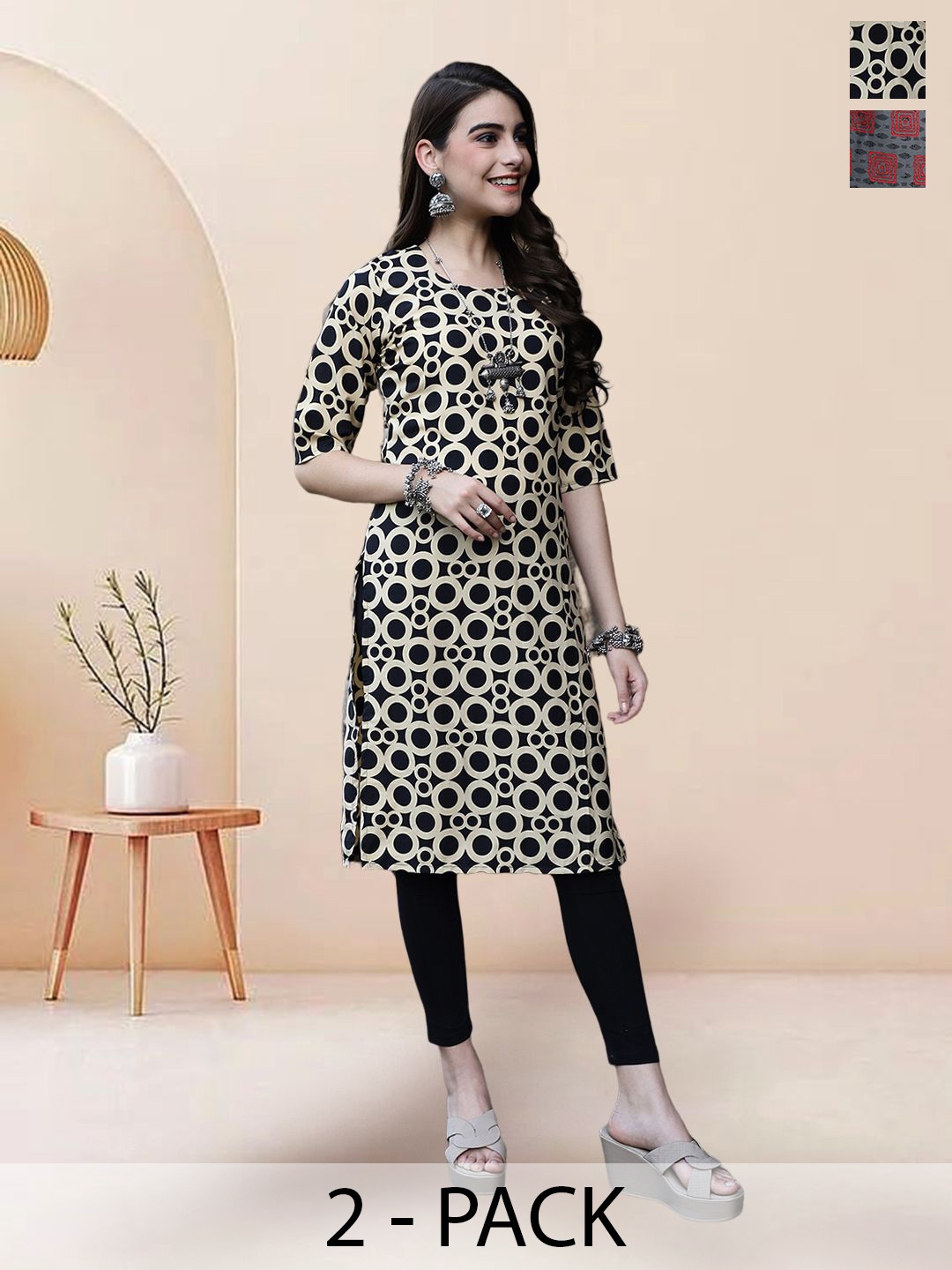 

7Threads Selection Of 2 Geometric Printed Round Neck Straight Kurtas, Off white