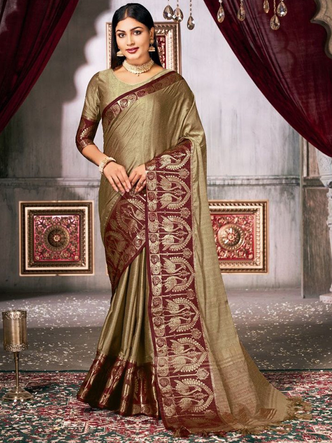 

Fashion Ritmo Woven Design Zari Pure Silk Saree, Green