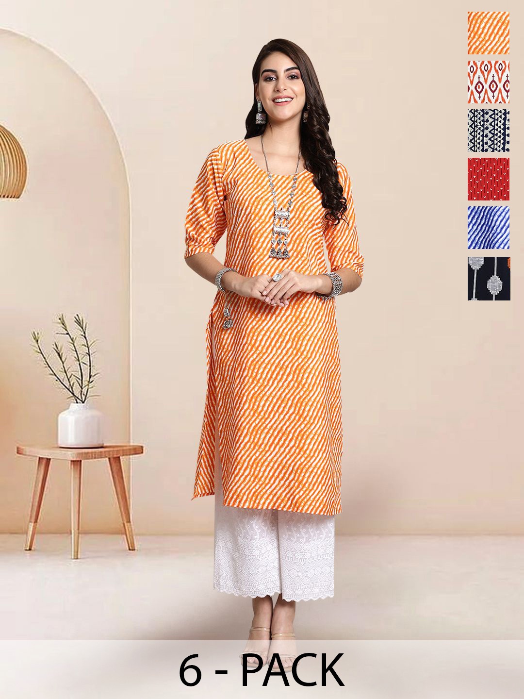 

7Threads Selection of 6 Striped Round Neck Straight Kurtas, Orange