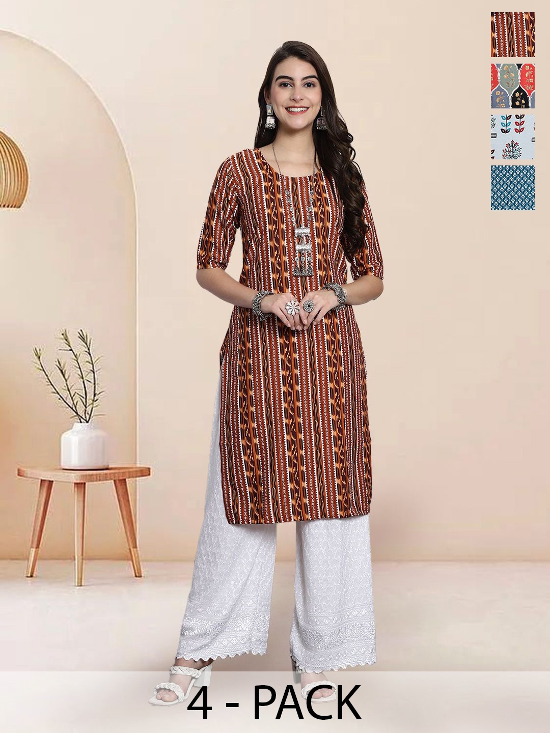 

7Threads Selection of 4 Geometric Printed Round Neck Straight Kurtas, Brown