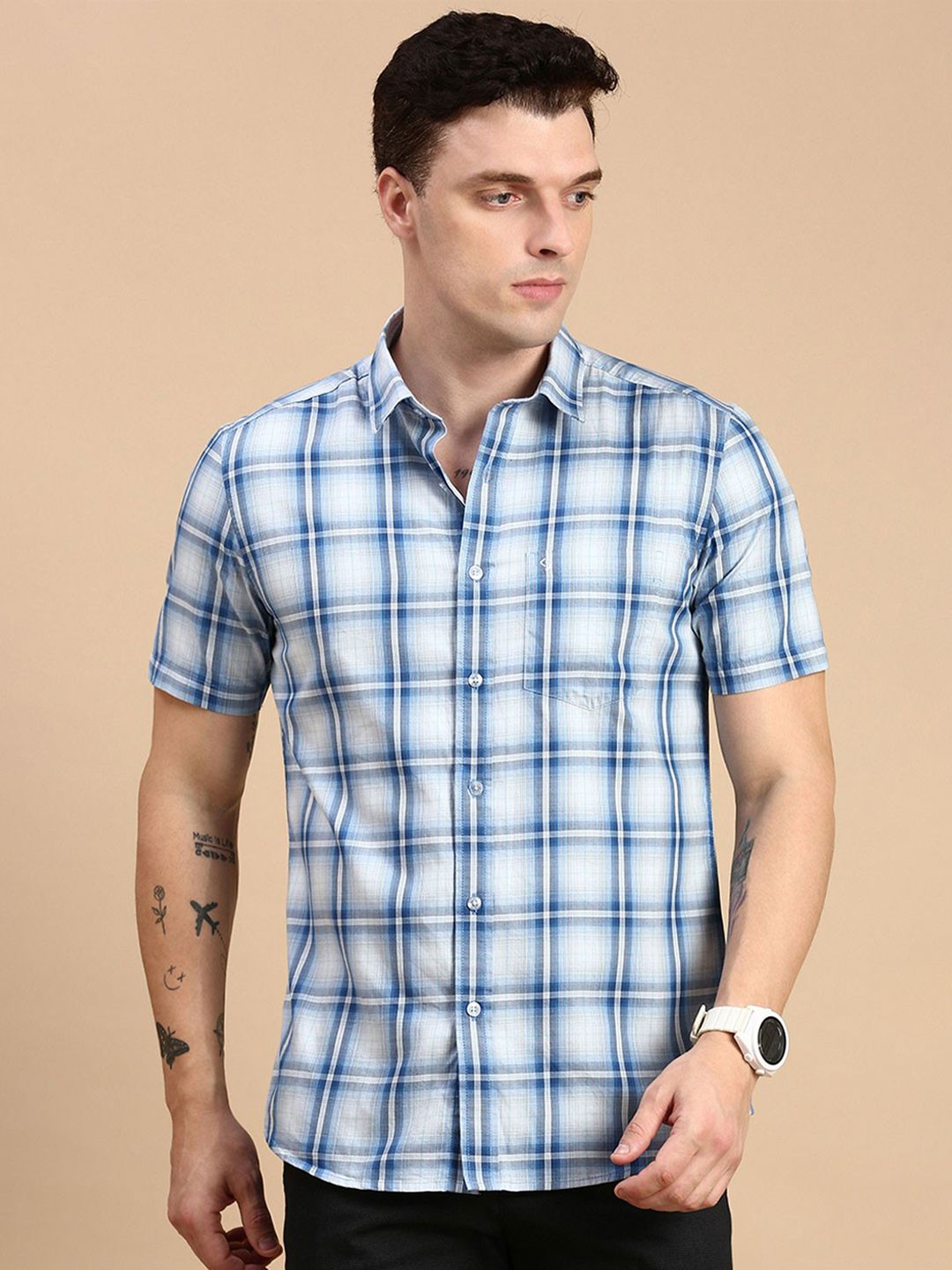 

Classic Polo Men India Slim Fit Spread Collar Tartan Checked Cotton Casual Shirt, Blue