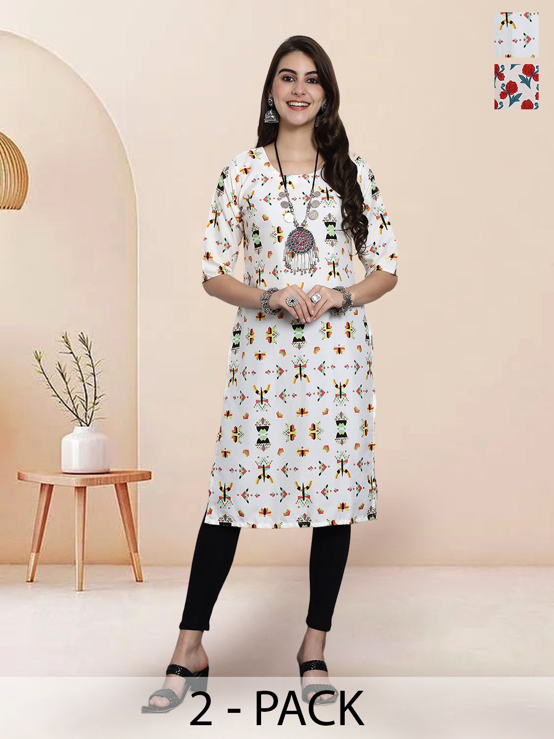 

7Threads Selection Of 2 Abstract Printed Round Neck Straight Kurtas, White