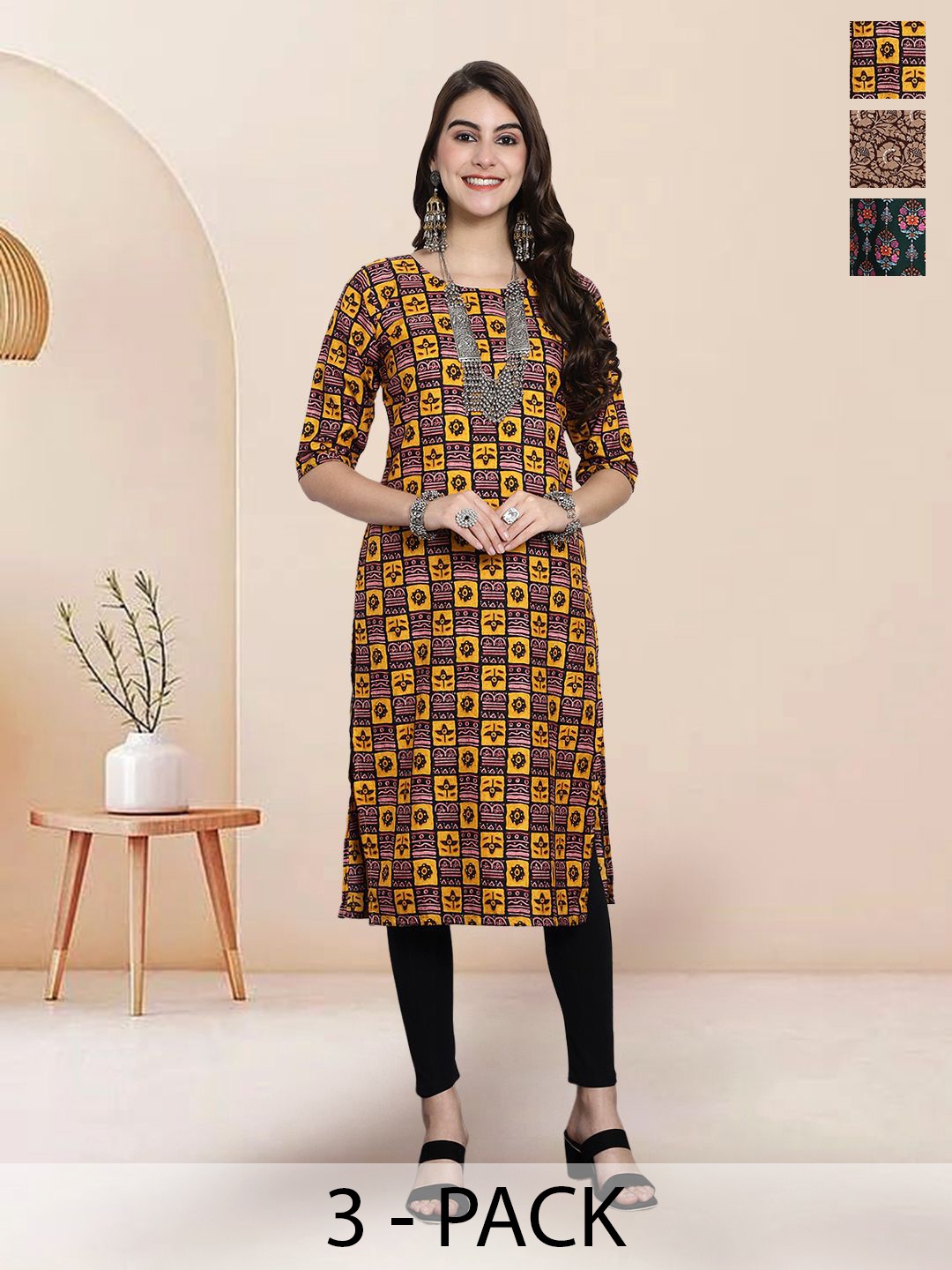 

7Threads Selection Of 3 Ethnic Motifs Printed Round Neck Straight Kurtas, Mustard