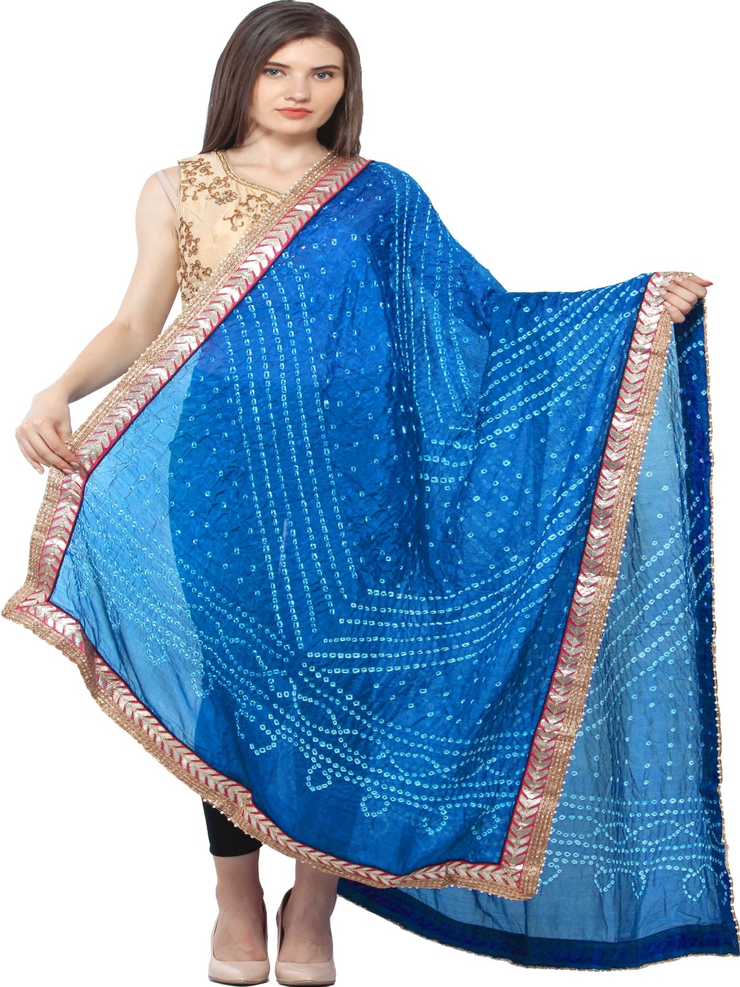 

Exotic India Strong Blue Tie-dye Print and Gota Border Silk Jodhpuri Dupatta