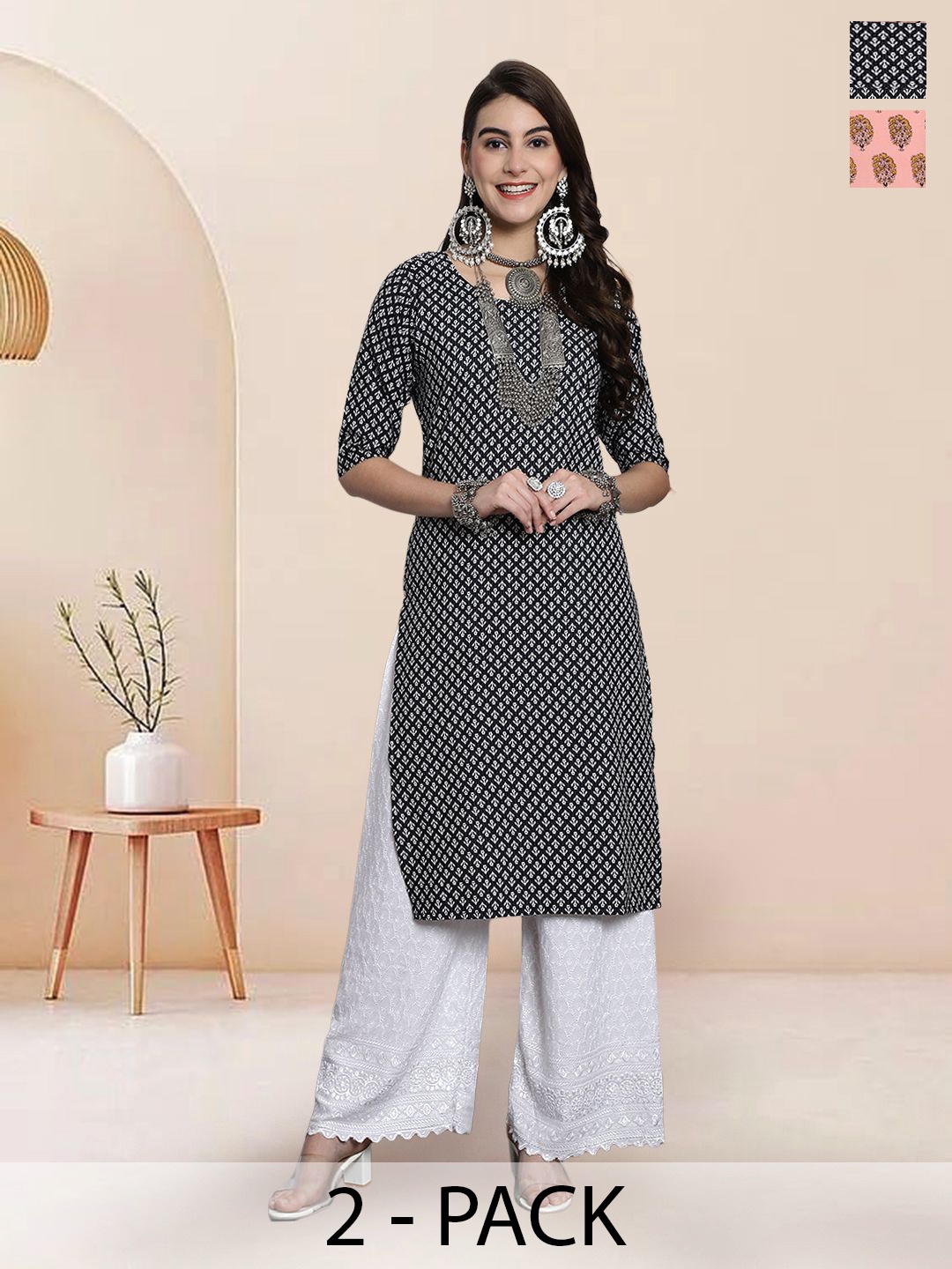

7Threads Selection Of 2 Ethnic Motifs Printed Straight Kurtas, Black
